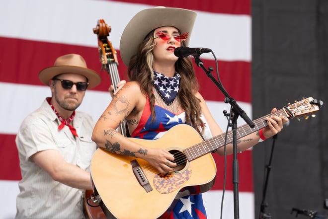 Sierra Ferrell (R) performs in concert during Willie Nelson's 4th of July Picnic at Q2 Stadium on July 04, 2023 in Austin, Texas.